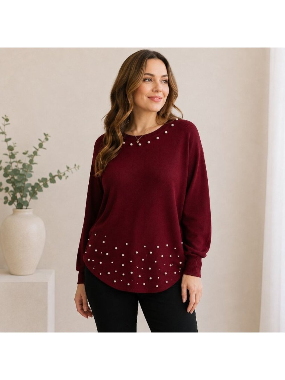 Kenneth Greene Faux Pearl Sweater Size M Burgundy Long Sleeve Pullover Chic Top